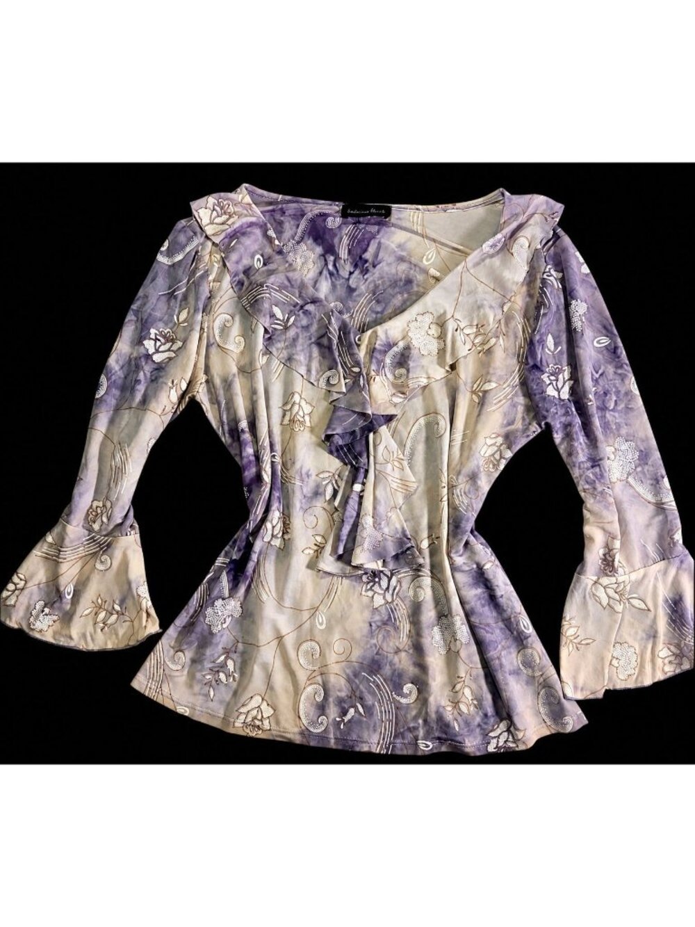 Y2K Purple Floral Ruffle Blouse Flared Bell Sleeves Flowy Fairy Whimsigoth Sz M